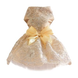 HACRAHO Dog Dress, 1 Piece Dog Lace Wedding Dress Puppy Bowknot Princess Dress with Sequins Lace Embroidery for Small Puppy Dogs, Champagne, Chest Girth 12.99"