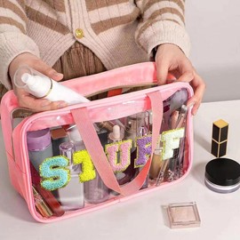 Letter Pattern Clear Makeup Bag with Handle, Waterproof Zipper Makeup Organizer Pouch, Portable Travel Storage Bags for Travel, Outing, Daily Use, Multipurpose Makeup Organizer, Mother's Day Gift:_Baby Pink_1 count