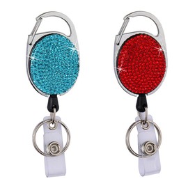 TopHomer 2 Pcs Retractable ID Badge Holder with Bling Rhinestones Retractable Card Holder for Teachers, Students, Nurses, Volunteers(Lake Blue and Red)