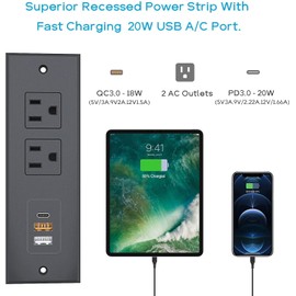 Recessed Power Strip with PD 20W Fast Charging USB C Port,QC3.0 USB-A Port ETL Listed Conference Recessed Outlet for Office Home Nightstand Kitcheng Furniture Drawer Outlet Kit (Black)