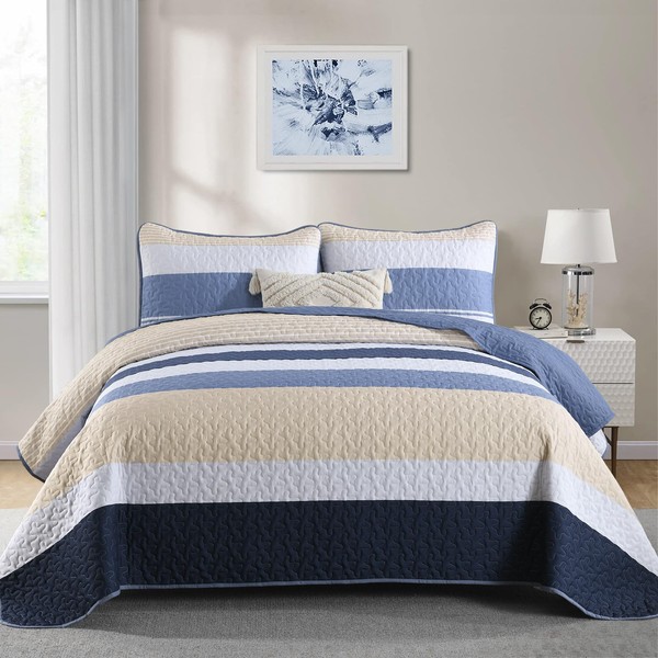 Dinjoy Blue King Size Quilt Set,Boho Summer Bedspread Beige Striped