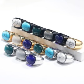 PAURO Mens Stainless Steel Oval Synthetic Blue Turquoise Wedding Ring with Polished Silver Side Size W