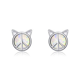 Peace Sign Cat Earrings Sterling Silver Cat White Opal Stud Earrings Cute Animal Jewellery Gifts for Women Girls