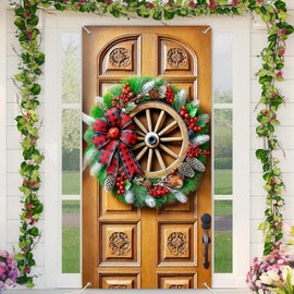 BlissYard Christmas Door Cover Rustic Wagon Wheel Wreath Holiday Doors Banners Festive Winter Doors Decor Front Door Hanging Banner Decoration Home Entryway Wall Winter Door Banner 71x35 Inch