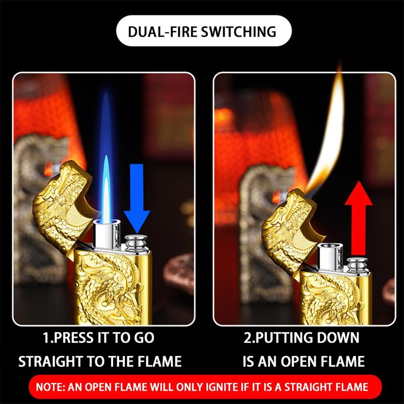 Embossed Dragon Flame Lighter, Cool Dual Flame Butane Lighter, Creative