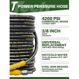 TechSweepPro 4200PSI Pressure Washer Hose 100FT with 3/8" Swivel Quick Connect for Cold/Hot Water, Kink Resistant Steel Wire Braided, Wear Resistant Power Washer Hose with 2 M22 14mm Adapter Set