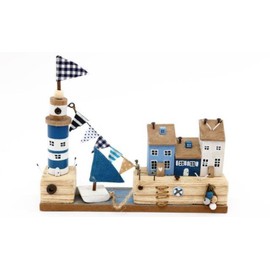 Sifcon International plc Shabby Chic Wooden Coastal Decoration - Seaside Houses/Harbour Lighthouse Ornament/Decoration on Plinth - Natural, Navy, Blue, White - 23 cm