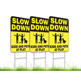 8x12 Inch Pack of 3 Slow Down Sign - Kids & Pets at Play Sign for Street Neighborhoods - Double-Sided Kids At Play Plastic Signs For Street with Metal H Stake - Children At Play Safety Signs