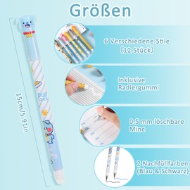 Pack of 12 Erasable Gel Pens Black/Blue Ink Cute Cartoon Erasable Pen Tip 0.5 mm Lead Diameter Ball at the End for Removing Ink without Wearing the Sheet for Students School Office