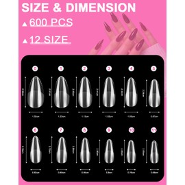 Cexovo Pack of 600 Short Almond Nail Tips, Artificial Nail Tips, Almond Nail Tips for Gel Nails, 12 Sizes, Full Coverage, Soft Gel Tips, Almond Nail Tips for DIY Beginners and Nail Salon
