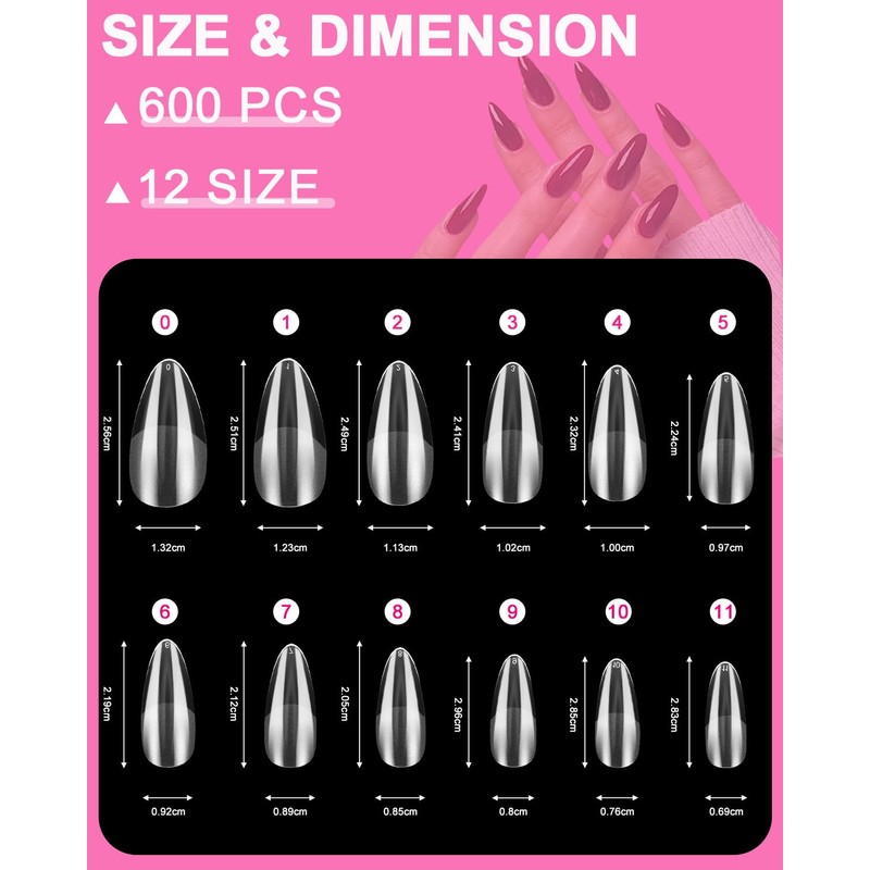 Cexovo Pack of 600 Short Almond Nail Tips, Artificial Nail
