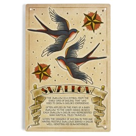 Lantern Press 6x9 Inch Metal Sign, Swallow, Tattoo Flash Sheet