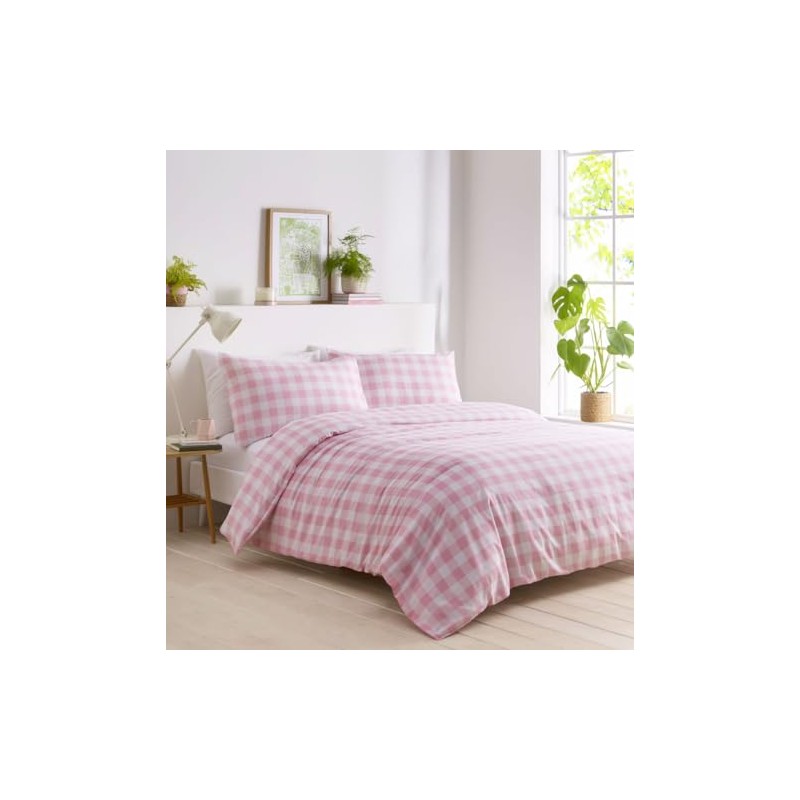 Gingham Duvet Sets Check Bedding Quilt Cover Pillow Cases (Pink,