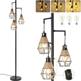 Boho Rattan Stepless Floor Lamp 65” Farmhouse Industrial Floor Lamp Standing Vintage Lamp with Rattan & 3PCS Dimmable Bulbs Tall Lamps for Living Room Bedroom Dining Room Office