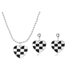 Checkered Heart Necklace Earrings Unique Elegant Enamel Checker Black White Plaid Checkerboard Hearts Love Shaped Geometric Jewelry Set for Women Minimalist Birthday Christmas Party Fashion Jewelry Gifts (Black)