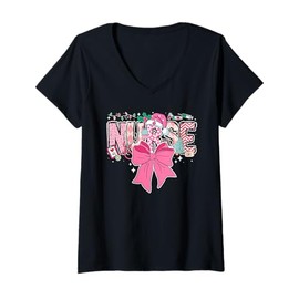 Womens Coquette Nurse Christmas Nursing Pink Tone Bow Xmas Icons V-Neck T-Shirt