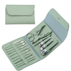 Manicure Set Professional Nail Clippers Pedicure Kit 16pcs, Portable Stainless Steel Nail Kit Nail Clipper Set Manicure Set, Pedicure Kit Grooming Kit with Brown Leather Case for Men Women (Green)