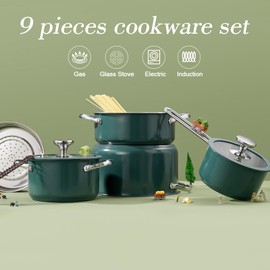 PUCOHOUSE 9pcs 304 Stainless Steel Cookware Set with Ceramic Coating – Nonstick, Durable, and Elegant Kitchen Pots with Glass Lids – Compatible with All Stovetops, Easy to Clean,Green