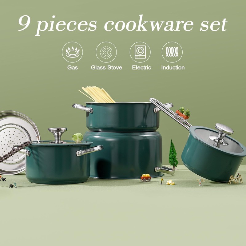 PUCOHOUSE 9pcs 304 Stainless Steel Cookware Set with Ceramic Coating