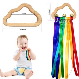 2pcs Baby Natural Wood Bracelet with Bell Rainbow Ribbon Sensory Toy- The Best Sensory Toys for Audiovisual and Motor Development, Encourages Parent-Child Interaction, for Babies Aged 3-24 Months