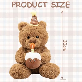 Teddy Bear Birthday Bear Doll Soft Toys, Teddy Bear Stuffed Animals, Plush with Cupcake and Embroidered Birthday Message Hat Cute Stuffed (30cm)