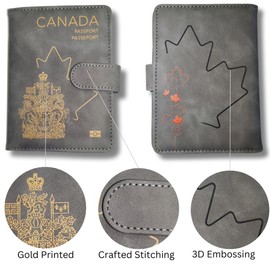RedDeer Canada Passport Holder Wallet Premium PU Leather Travel Passport Wallet RFID Blocking Passport Cover Case Travel Documents Organizer with Pen Holder, for Women and Men (CAN- Gray)