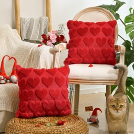 Valentine's Day Love Heart Red Throw Pillow Covers Set of 2, 18 x 18 Inch Anniversary Wedding Home Decor Soft Plush Faux Fur Jacquard Cushion Case for Sofa Couch