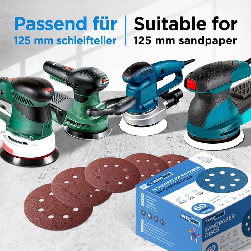 EffektWerk Sanding Discs (60 Pack, 8 Holes) 125mm Multi Grit