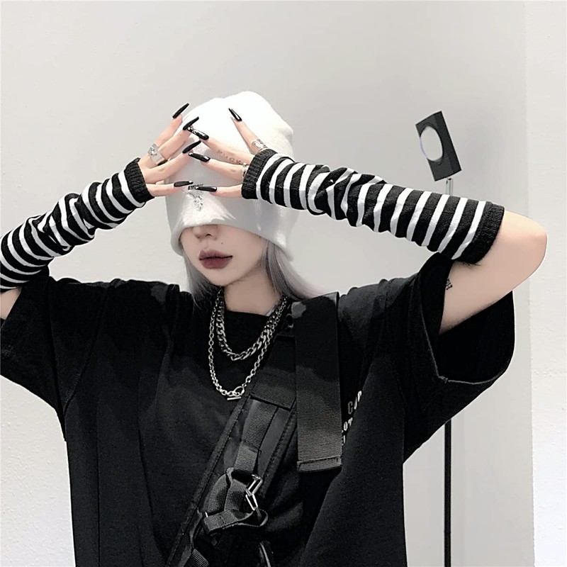 Black White Stripes Knitted Long Gloves Winter Over Elbow Mittens