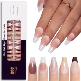 YTD Likomey Long Coffin Nail Tips,5 Sets Pro Nail Styles Nude Press on Nails,French Gradient Glitter Pre Colored,Skin Tones Soft Gel Fake Nails,Acrylic False Nails Extensions,15 Sizes 30 Pcs Per Set