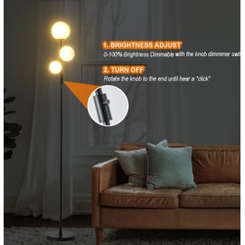 Fiqevs Upgraded Dimmable 3 Globe Mid Century Modern Floor Lamp, 3 x 3000K Warm Light LED Bulbs Included, Matt Black Standing Lamp with Sphere Glass Shade, Vintage Tall Lamp for Living Room, Bedroom