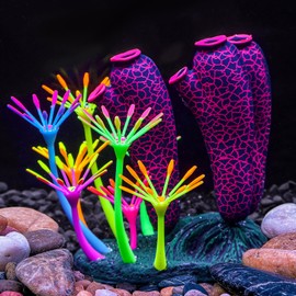 Bluecoco Dynamic Glow in The Dark Aquarium Decorations: Unleashing Visual Effects with Soft Silica Gel, Changing Lights, and Colorful Glowing Coral Ornaments (Dark Red, Seaweed Moon)