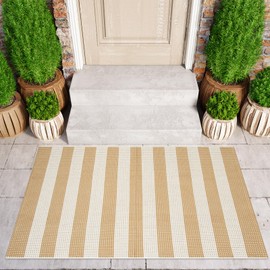 LEEVAN Outdoor Patio Rug 3x5, Washable Striped Front Porch Mat, Spring Colorful Outside Entryway Rug, Woven Welcome Doormat Tan and White Buffalo Backyard Layered Mat for Entrance/Go Away/Deck