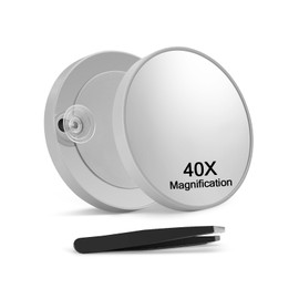 40X Magnifying Mirror with 2 Suction Cups, 3.5 inches Magnified Makeup Mirror and Slant Tweezers,Grey,1PC