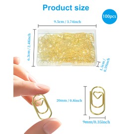 QUJUFIND 100 Pcs Love Heart Shaped Paper Clips, 0.78inch Cute Mini Paperclips for Office School Home (Gold)