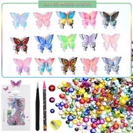 Butterfly Nail Charms Kit 3D Butterfly for Nails Mixed Butterflies Charms with Nails Rhinestones Wax Pencil Tweezers for Manicure Design DIY Crafts Jewelry Accessories Decorations Supplies
