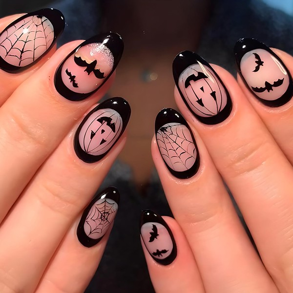Halloween Artificial Oval Black Fake Nails Press on Nails Short