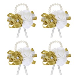 MECCANIXITY Muñecas Ramilletes Artificiales Flores Pulseras Paquete de 4 Rosa Muñeca Novia Novio Decorativo para Boda Ceremonia Graduación Fiesta Aniversario Oscuro Amarillo