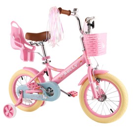 RULLY 16 Inch Kids Bike for 4 5 6 7 Years Girls with Training Wheels & Front Handbrake, Kids Bicycle with Basket Bike Streamers Toddler Cycle Bikes, Pink