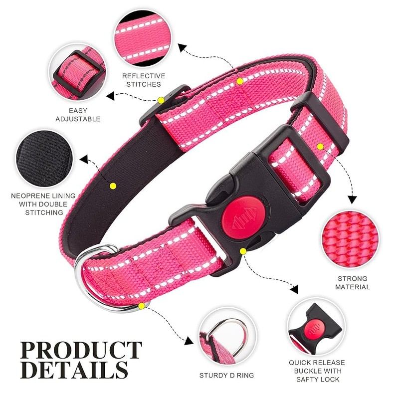 LARRYROO Reflective Dog Nylon Collar | Slide Lock Safety Buckle