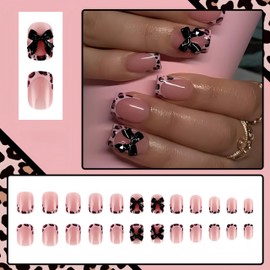 24Pcs Press on Nails Short Square Leopard French Fake Nails with 3D Black Bow Design Full Cover Glue on Nails Cute Acrylic Nails Artificial Nails Glossy False Nails Press ons Stick on Nails for Women