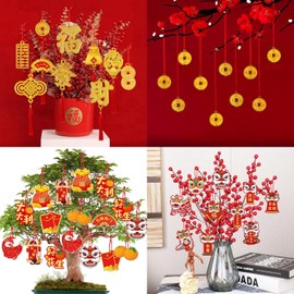 LOONELO 2025 Happy Chinese New Year Hanging Decorations Ornaments, 58pcs Spring Festival Lunar New Year Pendant with Red Strings, Zodiac Snake Character Hanging Decorations for Home Office Car Tree