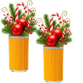 Reallnaive 2 Set Christmas Gifts for Teacher DIY Pencil Shaped Vase Kit Handmade Table Centerpieces Appreciation Gift for Teacher Desktop Organizer School Office Classroom Decor(Yellow)