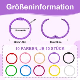 Pack of 100 book rings, 30 mm book binding rings, metal, loose leaf connectors, colourful ring binder rings, key rings, colourful index cards, books rings for scrapbook, album, memo tray, photo album
