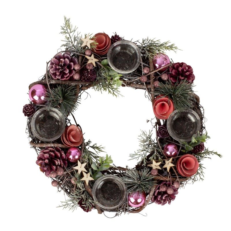 Christmas Advent Wreath Made of Multiple Materials Round with Pink/Green/Brown