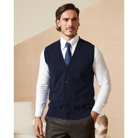 Kallspin Men’s Button Down Sweater Vest Lightweight Knitted Pure Cotton V-Neck Sleeveless Cardigans(Navy Blue, M)