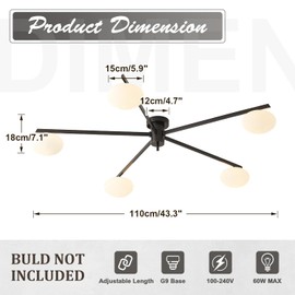 Magiroz 5 Lights Mid Century Modern Black Sputnik Semi Flush Mount Ceiling Light Vintage Glass Close to Ceiling Light Fixtures Industrial Metal Ceiling Chandelier Glass Globe Hall Light MCL05-BK