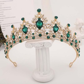 Princess Crystal Wedding Crown for Bride,Rhinestone Tiara Headwear Green Elf Crown for Bridal Hen Party Prom Costume & Special Occasions Sparkling Hair Accessories Gift for Women