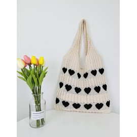 Cute Heart Pattern Crochet Summer Tote Bag for Women, Summer 2025 Large Everything Tote Bag, Large Beach Bags, Trendy High Quality Everyday Shoulder Bag for Daily, Gifts for Her:_Black_Please Refer To The Pictures for Dimensions
