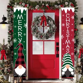 Ivenf Christmas Decorations Outdoor Yard: Cute Red Green Gnome Tomte Front Porch Sign Door Banner, Hanging Merry Christmas Decorations for Home, Indoor Outdoor Xmas Decor Wall Front Door Yard Garage